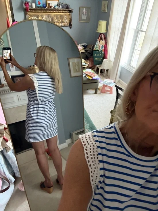 Molly Bracken White & Blue Striped Sleeveless Crochet-Trim Mini Dress - Picture 2 of 2